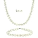 5.5-6mm .925 Sterling Silver Genuine Freshwater Cultured White Pearl Necklace Bracelet Stud Earring Set